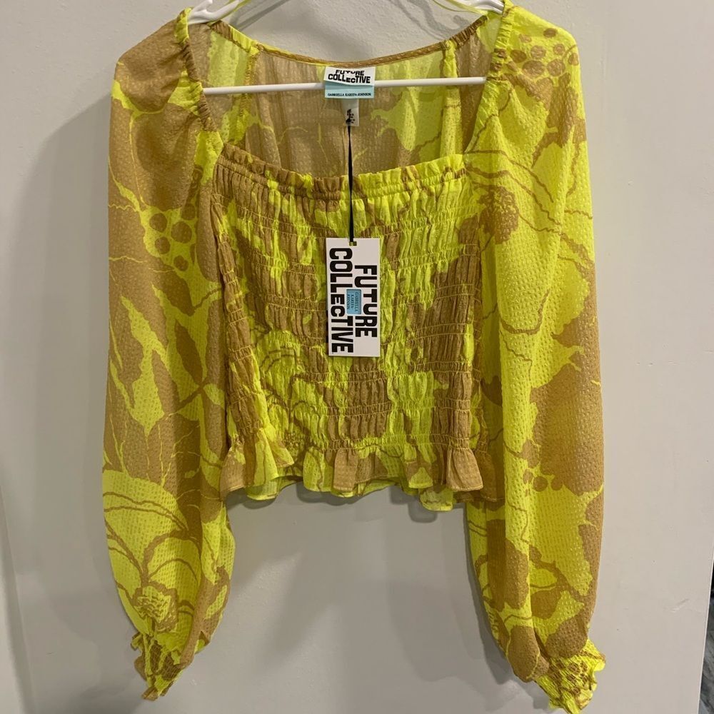 Yellow Smocked Ruffled Crop Blouse